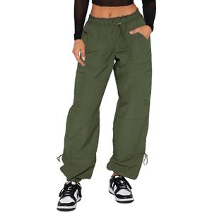 DISCIPBUSH Cargo Pants Women Baggy - Parachute Pants for Women, Rave Pants Y2K Pants, Festival Outfits for Women (Small, Army Green)
