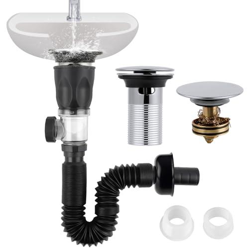 IFealClear Bathroom Sink Drain Kit, Flexible P-Trap Drain Pipe with Pop Up Stopper, Sink Pipe Replacement with 2 Adapters, Fits 1-1/4'', 1-1/2'', 2" Holes, Big Cover Cap, Brass Bounce Core, Chrome