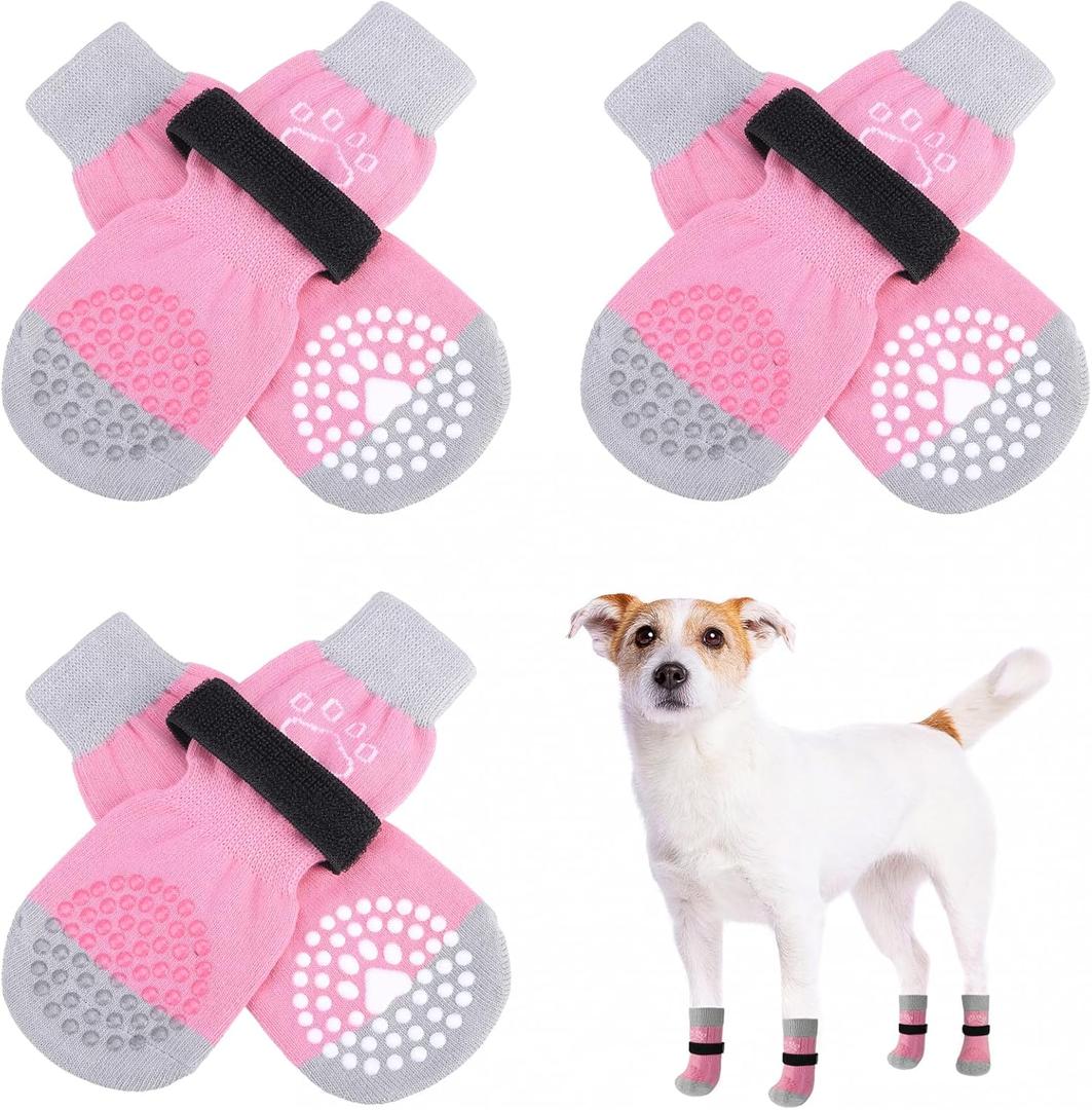 SCENEREAL 6Pcs Anti Slip Dog Socks to Prevent Licking Paws for Hot/Cold Pavement, Dog Grippy Socks for Hardwood Floors, Dog Shoes for Boots & Paw Protectors for Puppy Small Medium Large Senior Dogs (XS(Pack of 4+2), Pink Pearl Paw)