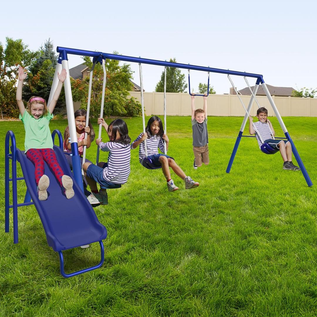 Sportspower Arcadia Metal Swing Set for Kids Ages 3-8  Trapeze, 2-Person Glider, 5ft Slide, Anchor Kit, 6.1' Durable Steel Frame  Outdoor Backyard Playset with 600 lb Capacity