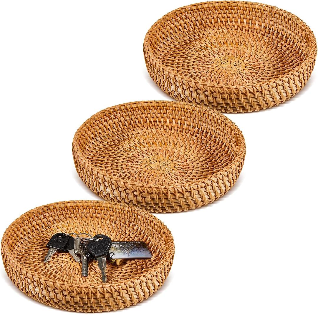 Hushee 3 Pcs Small Round Keys Basket for Entryway Woven Bowl Basket Rattan Wicker Round Tray Organizing for Keys Wallet Cell Phone Tabletop Serving Fruit Food Holder Decorative Table Storage (brown)