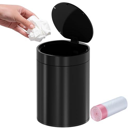 Mini Trash Can for Desk with Pop Up Lid,1.5L Metal Tiny Trash Can for Desk, 0.4 Gal Stainless Steel mini Desk Trash can with Lid，Small Counter Garbage Bin with 1 Roll Bags for Bathroom,Office(Black)