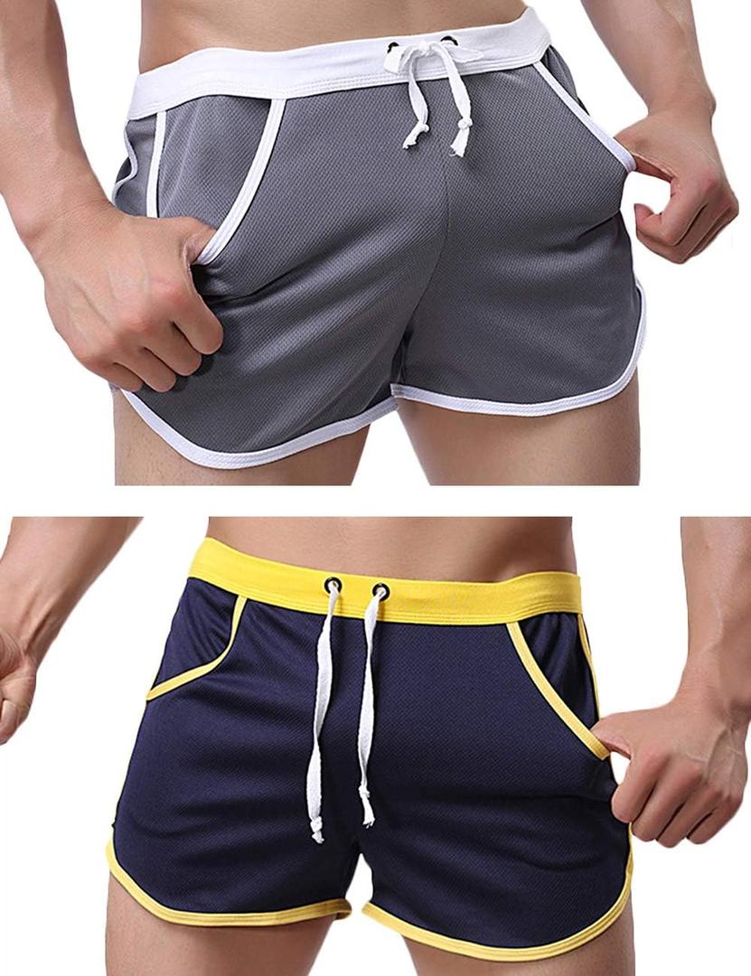 Rexcyril Men's Running Workout Bodybuilding Gym Shorts Athletic Sports Casual Short Pants (Large, 2 Pack (Grey + Navy))