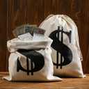 6 Pcs Large 11.8 x 15.7 Inches Money Bag Prop Canvas Drawstring Money Bag Dollar Sign Carrying Sack for Bank Robber Pirate Cowboy Cosplay Theme Halloween Party Favors(White)