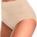 ASIMOON Tummy Control High Waisted Underwear for Women Cotton Plus Size Full Coverage Panties Ladies Briefs (Beige, M)