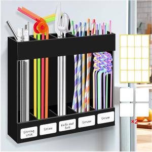 Acrylic Straw Holder for Cabinet Door,Straw Holder Dispenser With 8pcs Double Sided Adhesive Tape,Cabinet Straw Holders Organizer for Counter,Straws Organizer Storage for Kitchen Cupboard(Black)