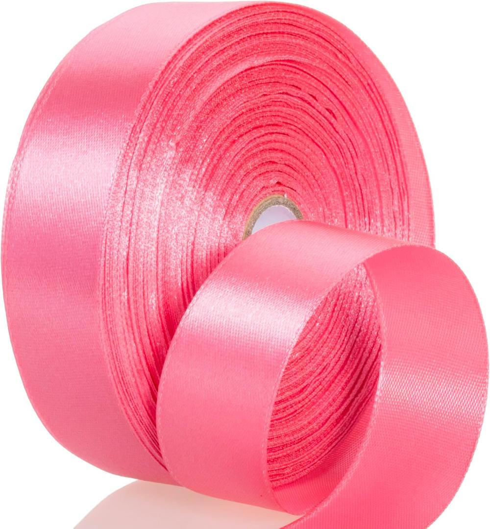 2 x 50 Yards 1 Inch Brink Pink Satin Ribbon, Single Face Polyester Solid Color Craft Fabric Ribbon for Handmade Roses, Gift Wrapping, Bouquets, Wedding, Christmas, and Party Decoration