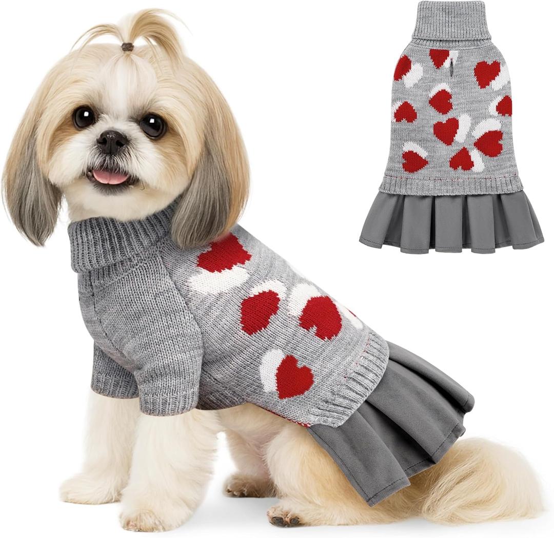 WOYYHO Dog Sweater Dress for Small Dogs Girl Turtleneck Pleated Skirt Dog Sweaters Dress with Leash Hole Warm Knitted Puppy Sweater Pet Dogs Winter Clothes for Yorkies Chihuahua (M, Gray Dress) (Medium (9-15lbs))