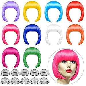 PLULON 10 Pieces Party Wigs and 10 Pieces Wig Caps Set, Neon Short Bob Wig Pack Costume Colorful Cosplay Wig Daily Party Hairpieces for Bachelorette Neon Party Favors, Halloween Decorations