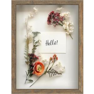 FrameWorks 12x16 Driftwood Wooden Shadow Box Frame  Soft Felt Back, Tempered Glass, and Included Elegant White Ball Push Pins (Brown)