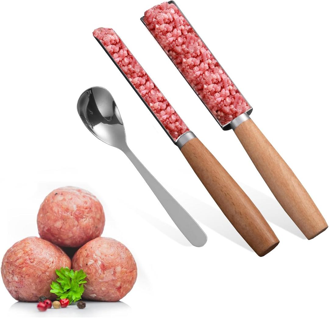 Meatball Maker, 304 Stainless Steel Meatball Press, Non-Stick Meatball Maker for Dumplings, Pastries and Meatballs, Home Kitchen Cooking Tools (Wood, Large)
