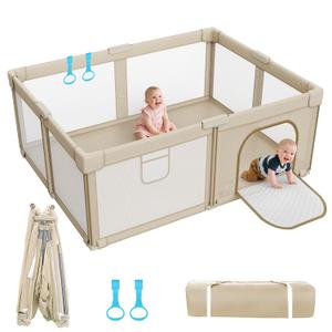 Foldable Baby Playpen: 71 x 59 Super Large Playpen for Babies and Toddlers - Portable Play Pen for Babies with Breathable Mesh & 2 Pulling Handle - Baby Play Yard for Outdoor & Indoor