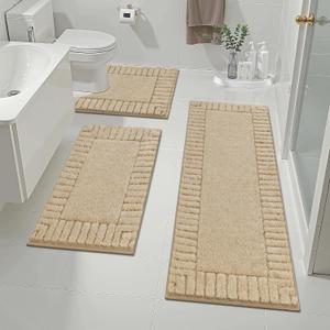 Pauwer Bathroom Rugs Sets 3 Piece Bathroom Shower Rugs with U-Shaped Contour Toilet Mat Absorbent Microfiber Plush Bath Mats Non Slip Bath Rug Machine Washable Shaggy Bath Mat Set, Beige (18"x26"+18"x48"+u Shape 20"x24")