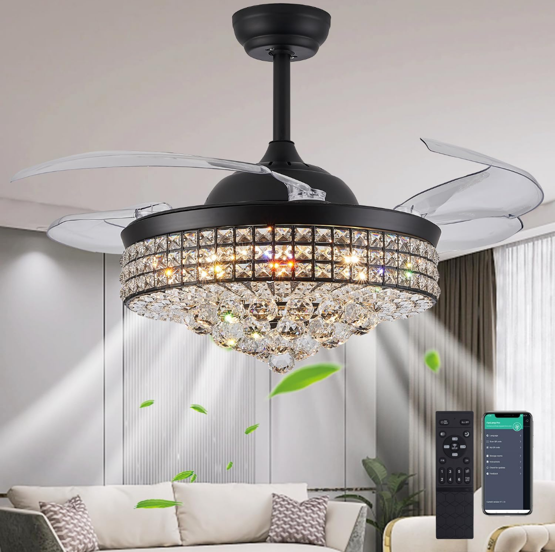 36" Dimmable Black Fandelier Ceiling Fans with Lights and Remote Modern Retractable Blade Chandelier Ceiling Fan for Bedroom Dinning Room Living Room