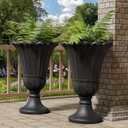 23.6" Tall Plastic Urn Planters for Outdoor Plants, Set of 2 Heavy-Duty Classic Indoor Large Flower Pots with Drainage Holes & Petal Design, Outdoor Planters for Porch, Home Garden, Black, 19.69"D x 15.75"W x 23.62"H
