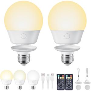 Brightown E26 Rechargeable Light Bulb with Remote Timer and 3 Color Temperatures, Battery Backup Bulb for Sconces and Lamps, E26 Detachable Charging for Non-Hardwired Fixture, Dimmer, 700LM