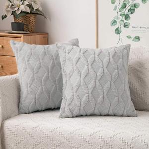 MIULEE Light Gray Throw Pillow Covers 20x20 Set of 2 Decorative Farmhouse Couch Throw Pillows Boho Shells Cute Soft Plush Wool Winter Pillowcases for Bedroom Living Room Sofa