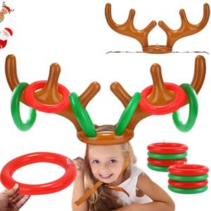 2PCS Christmas Party Toss Game Inflatable Reindeer Antler Hat with Rings for Kids Adults Family Xmas Fun Games (1 Pump 8 Rings, 2 Antlers)