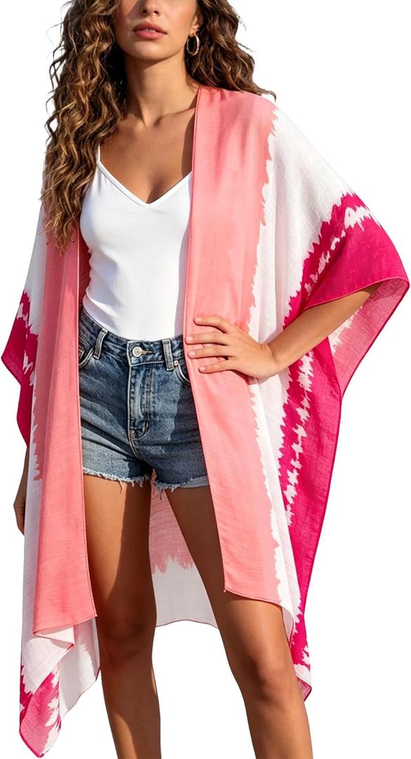 Breezy Lane Women's Kimono Cardigan Summer Swimsuit Coverups Beach Cover Up with Floral Print for Vacation (Pink Magenta)