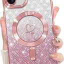 Bonoma Compatible with iPhone 16 Plus Case Support for MagSafe, Plating Heart Glitter Magnetic Checkered Case TPU Camera Protection Back Cover for Girls Women -Pink
