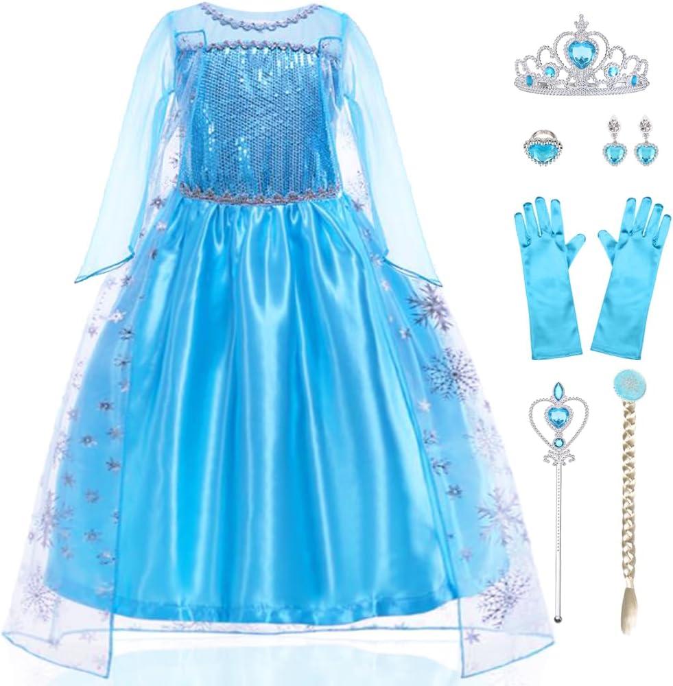 Girls Princess Dress Deluxe Princess Costume Birthday Party Snow Princess Dress Up for Girls Halloween Cosplay Fancy Dress with Accessories (3-4 Years, Bright Blue)