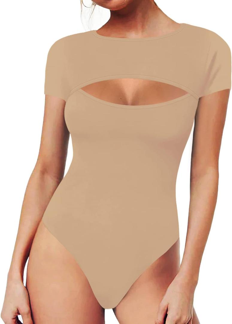 MANGOPOP Womens Short Sleeve Long Sleeve Bodysuit Sexy Front Cutout Round Neck Body Suits Going Out Tops (Medium)
