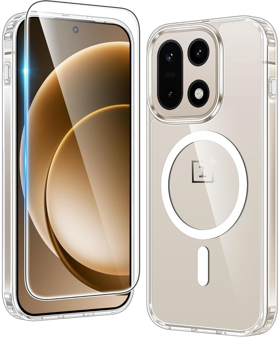 FNTCASE for Oneplus 15 Case Clear: One Plus 15 Case with Screen Protector Drop Proof Compatible with Magsafe Slim Anti Yellowing Rugged Shockproof Protective Transparent Cover (Clear Magnetic)