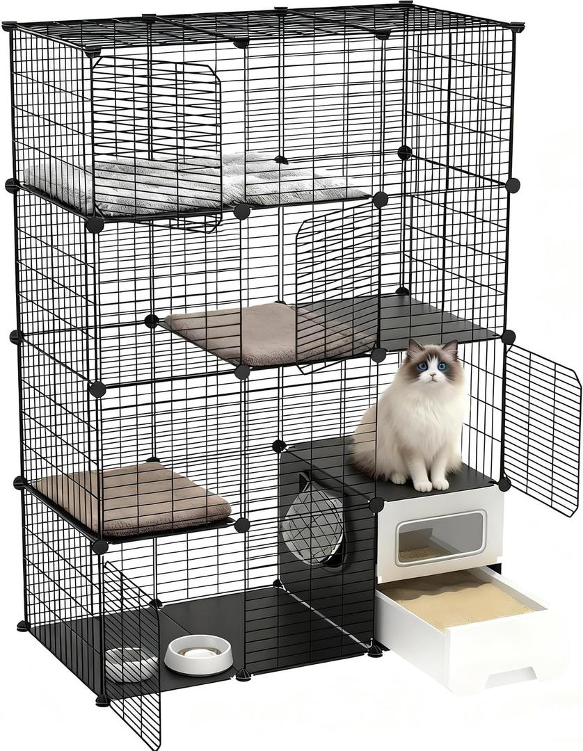 Cat Cage Indoor with Litter Box 4-Tier DIY Cat Crate, Cat Playpen Indoor & Outdoor Detachable Metal Wire Large Exercise Place Ideal
