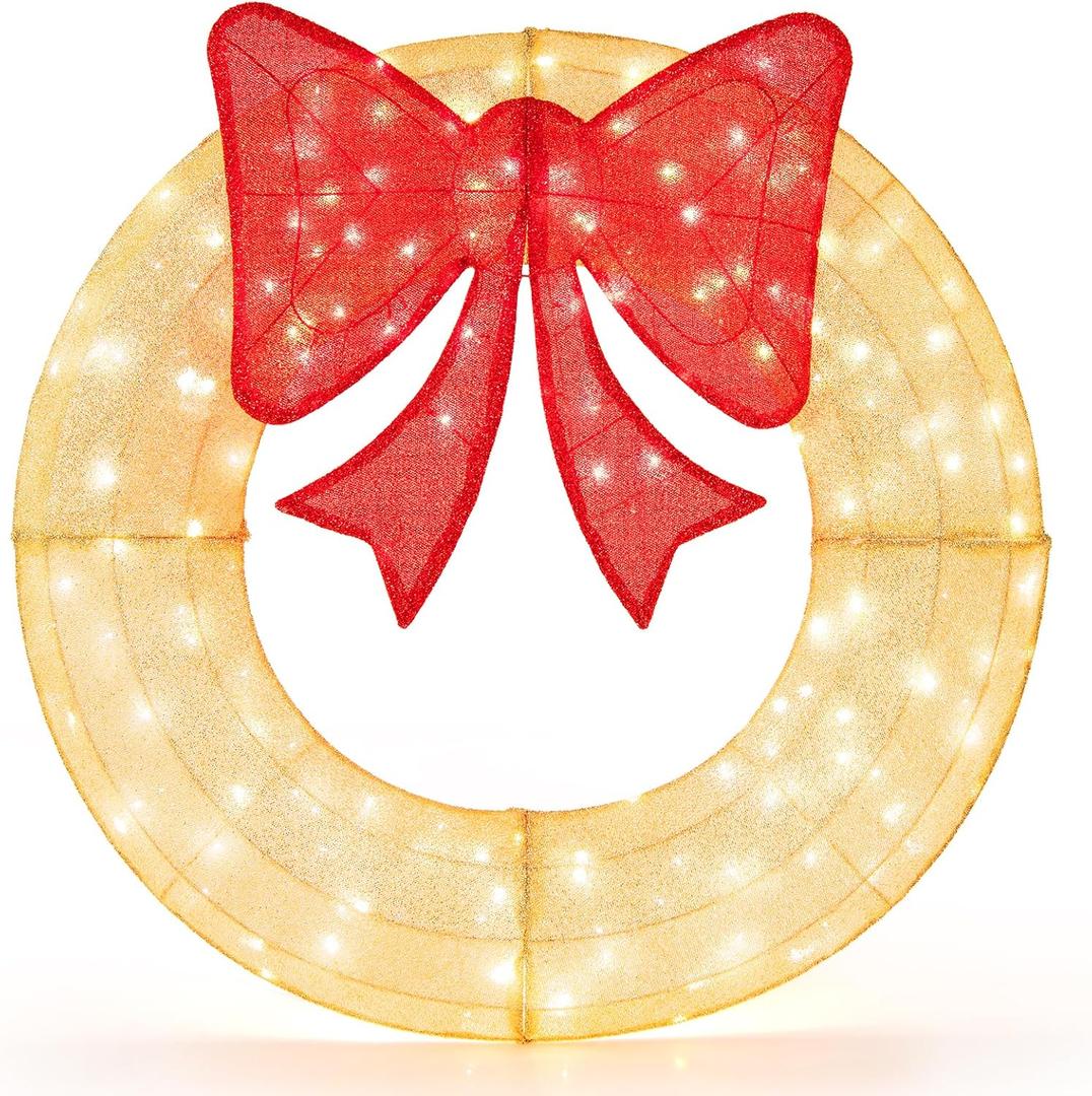 Tangkula 48 Inch Lighted Christmas Mesh Wreath, Pre-Lit Festive Wreath w/Large Bow & 200 LED Bulbs, Hooks & Zip Ties Included, Weatherproof Festive Decoration for Indoor Outdoor (Red)