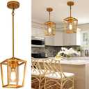 SGLfarmty 1-Light Gold Pendant Light, Farmhouse Cage Pendant Lighting Fixture for Kitchen Island, Lantern Pendant Lights Brass Finish with Glass, Modern Geometric Hanging Light for Foyer, Entryway