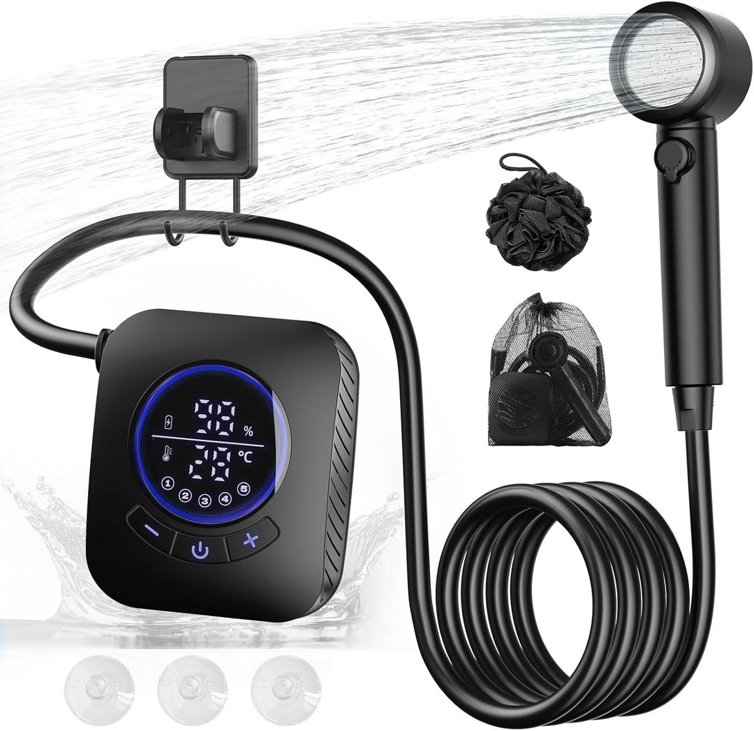 Portable Shower - 8000mAh Rechargeable Camping Shower Pump with Bath Sponge, 4 Spray Modes, IPX8 Waterproof, Ideal for Outdoor Camping, Travel, Car Washing, Pet Bathing, and Watering Plants (Black)