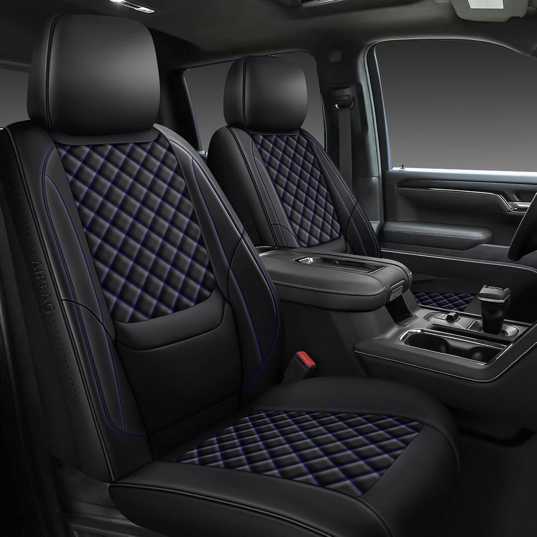 Silverado Seat Covers Full Set 2014-2018, Lumbar Support Pickup Truck Seat Covers Custom Fit for Chevy Chevrolet Silverado GMC Sierra 1500/2500/3500HD Crew/Double/Extended Cab, Black Blue