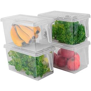 Sooyee Produce Saver Containers for Refrigerator with Drain Tray, 5L x 4 Stackable Fruit Storage Containers for Fridge,Vegetable Storage Keep Fresh for Lettuce,Salad,Berry, Salad,Meat and Fish
