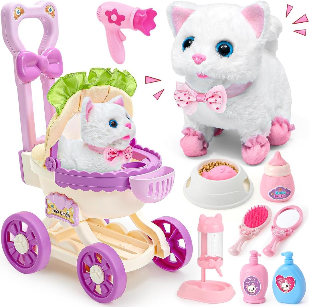 G.C Cat Toys for Kids Girls, Electronic Interactive Stuffed Cat Walk Meow and Wag Tail with Stroller Pet Care Accessories Toys Pretend Play Birthday Gifts for Toddlers Girls 3 4 5 6 7 8 Year Old
