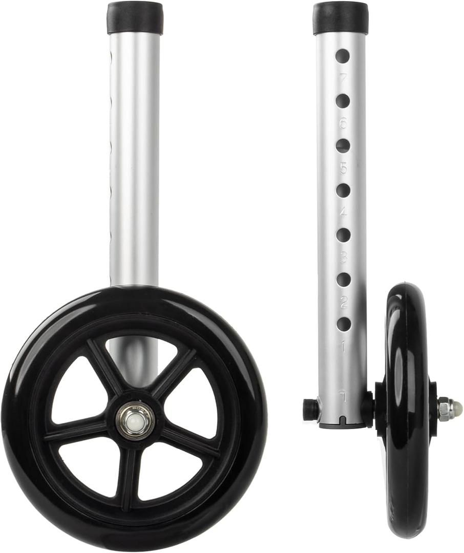 2-Pack Walker Wheels Replacement with Precision Ball Bearings, 6-Inch All-Terrain Wheels for Walkers with Outward-Angled Legs, 7-Level Height Adjustable, 350lbs Heavy Duty, Slip-Resistant Traction (Black)