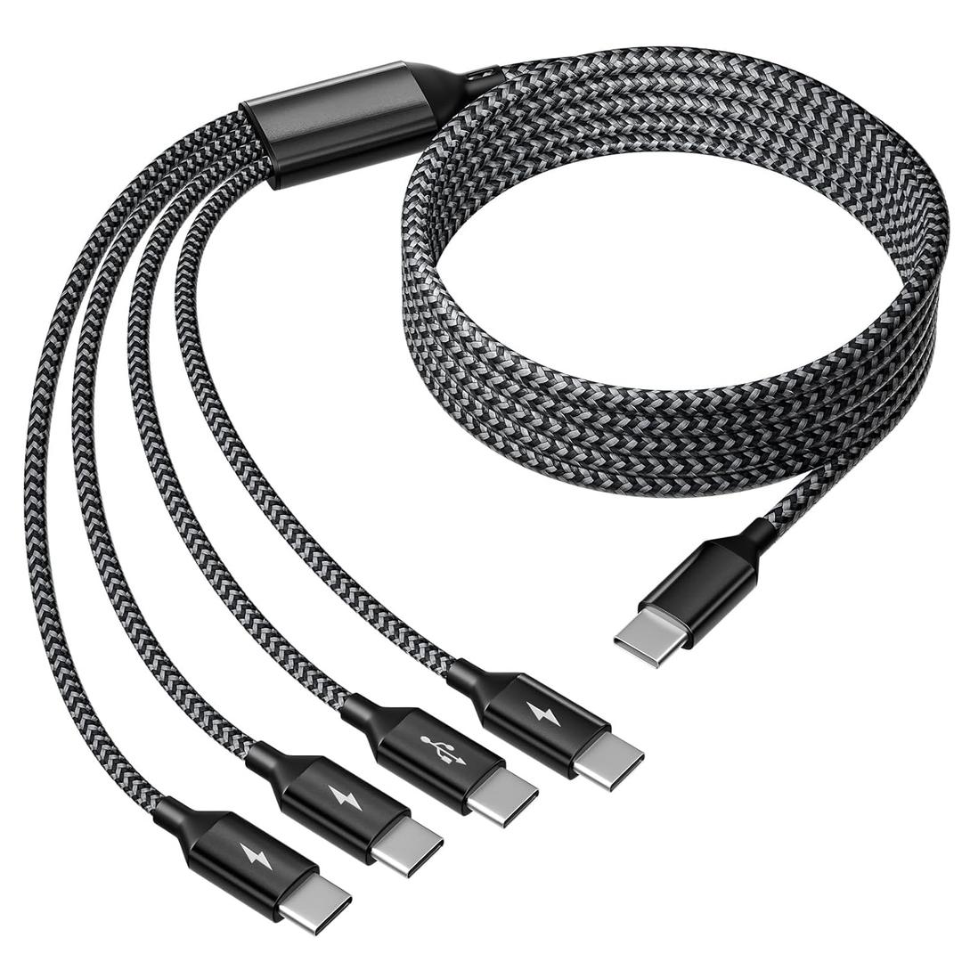 USB C Splitter Multi Charging Cable, Dual Type C Charger Cord,4 in 1 Multiple Nylon Braided Cable with 4 Type-C Connectors Compatible with iPhone 17 16 Pro Max/Tablets/Google-1Pack 5FT.