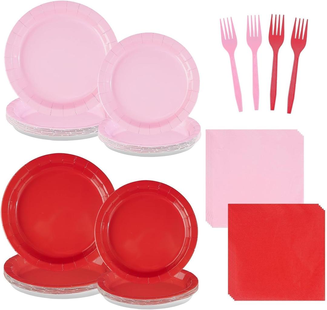 96Pcs Pink Red Birthday Party Decorations Red and Pink Plates and Napkins Disposable Solid Color Paper Tableware Set for Girls Women Birthday Mother's Day Bridal Shower Party Supplies Serves 24