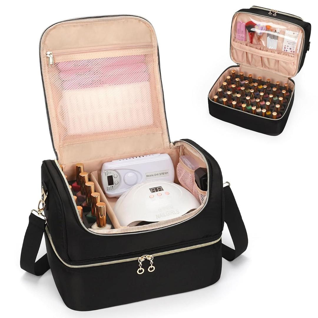 CUBETASTIC Nail Polish Organizer, Portable Nail Polish Storage Case Holds 45 Bottles Nail Polish & Nail Lamp, Travel Nail Supplies Organizer for Nail Tech Kit & Manicure Tools (Black)