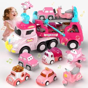 Truck Toys for 2 3 Year Old Girl, 7-in-1 Carrier Truck Car for Toddler Girl, Toys Cars Age 2-3-4 with Light & Music, Birthday Gifts for 2+ 3+ Year Old Girls (Pink&purple&blue)