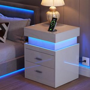 ChooChoo LED Nightstand with Charging Station, Smart Night Stand with Sliding Top Storage, 2-Drawers High Gloss Bedside Table, Modern End Table for Bedroom,White (1 Pack)
