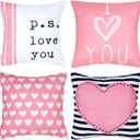 Love Heart Valentine Pillows Stripes Love Cushion Covers Valentines Day Pillow Covers 18x18 for Wedding Anniversary Sofa Home Decorations Set of 4Pink