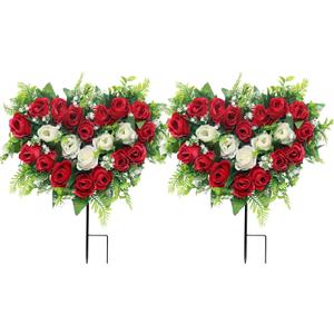 Lodou 2 Sets Artificial Cemetery Flowers, Grave Memorial Flowers with Ground Spike,Heart Shaped Wreaths Rose Flowers for Artificial Rose Decoration for Cemetery Headstones Gravesites (red)