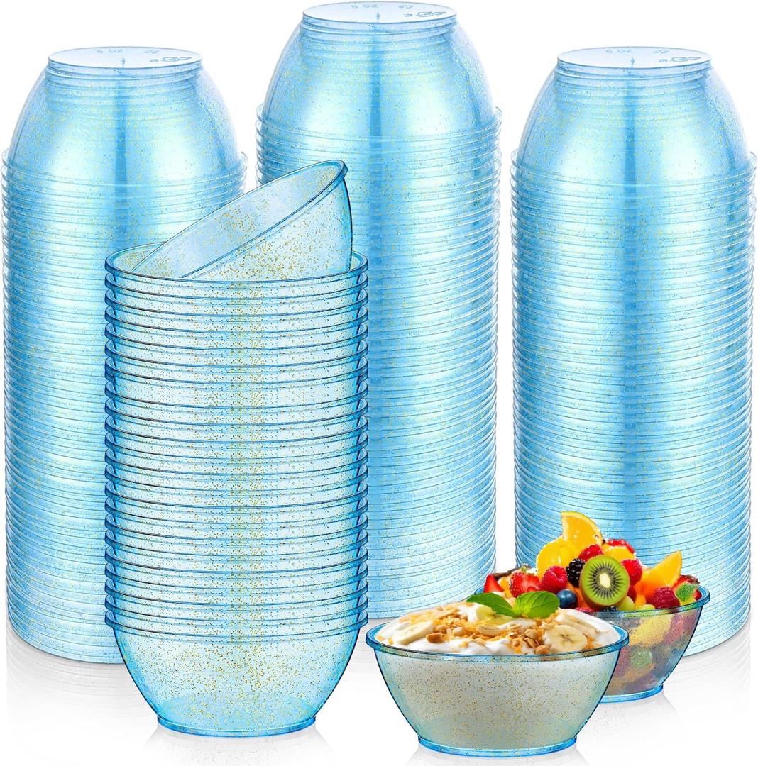 Yungyan 200 Pack Disposable Clear Plastic Bowls for Christmas Party 6oz Hard Plastic Salsa Dessert Ice Cream Candy Fruit Small Glitter Bowls for Wedding Baby Shower Birthday Supplies(Blue)