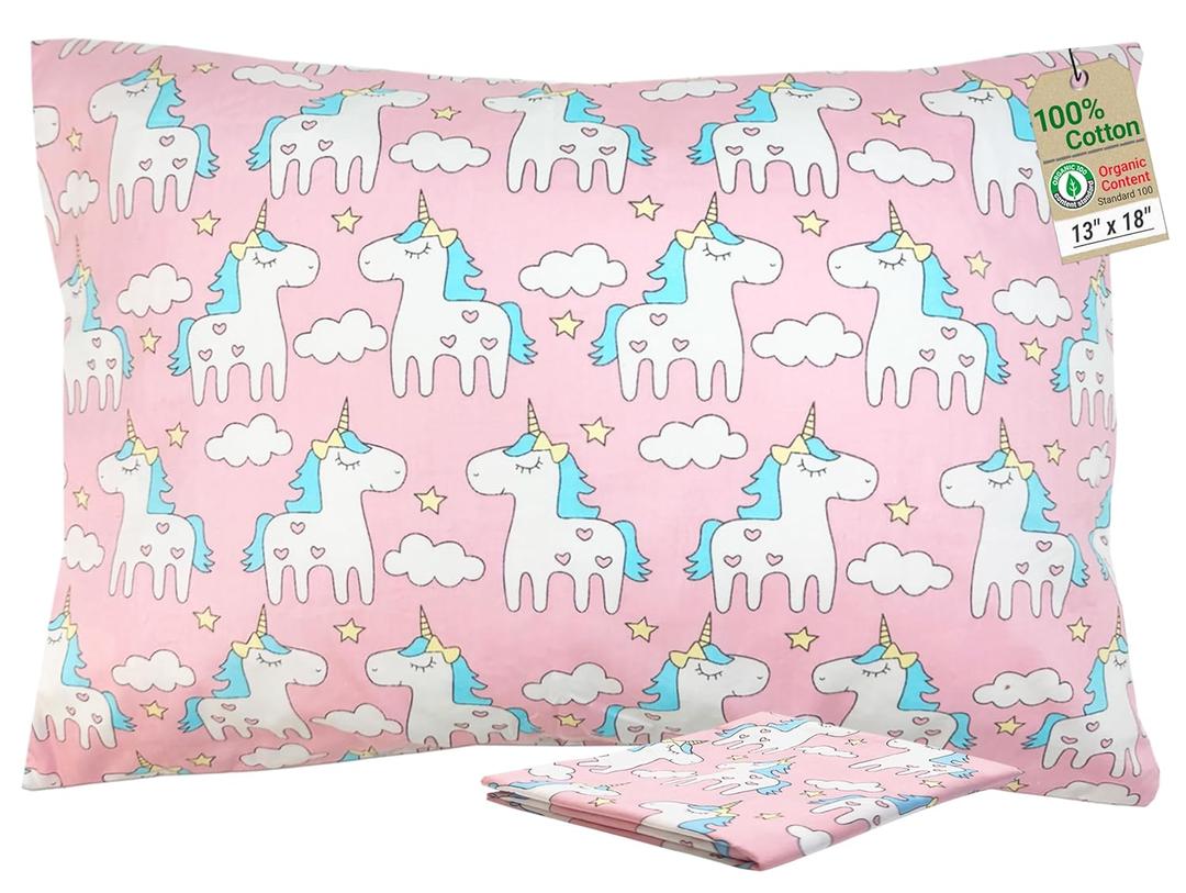ZPECC Toddler Pillow with Pillowcase - 13x18 Organic Cotton Hypoallergenic Kids Pillow, Baby Essentials for Travel Crib Daycare Stroller (Intended for Age 2 and up) Pink Unicorn