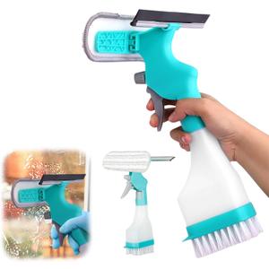 4 in 1 Window Cleaner Tool with Squeegee & Sprayer, 10" Streak-Free Scraper Kit, Portable Multifunction Refillable Bottle for Glass/Shower/Car (Blue)