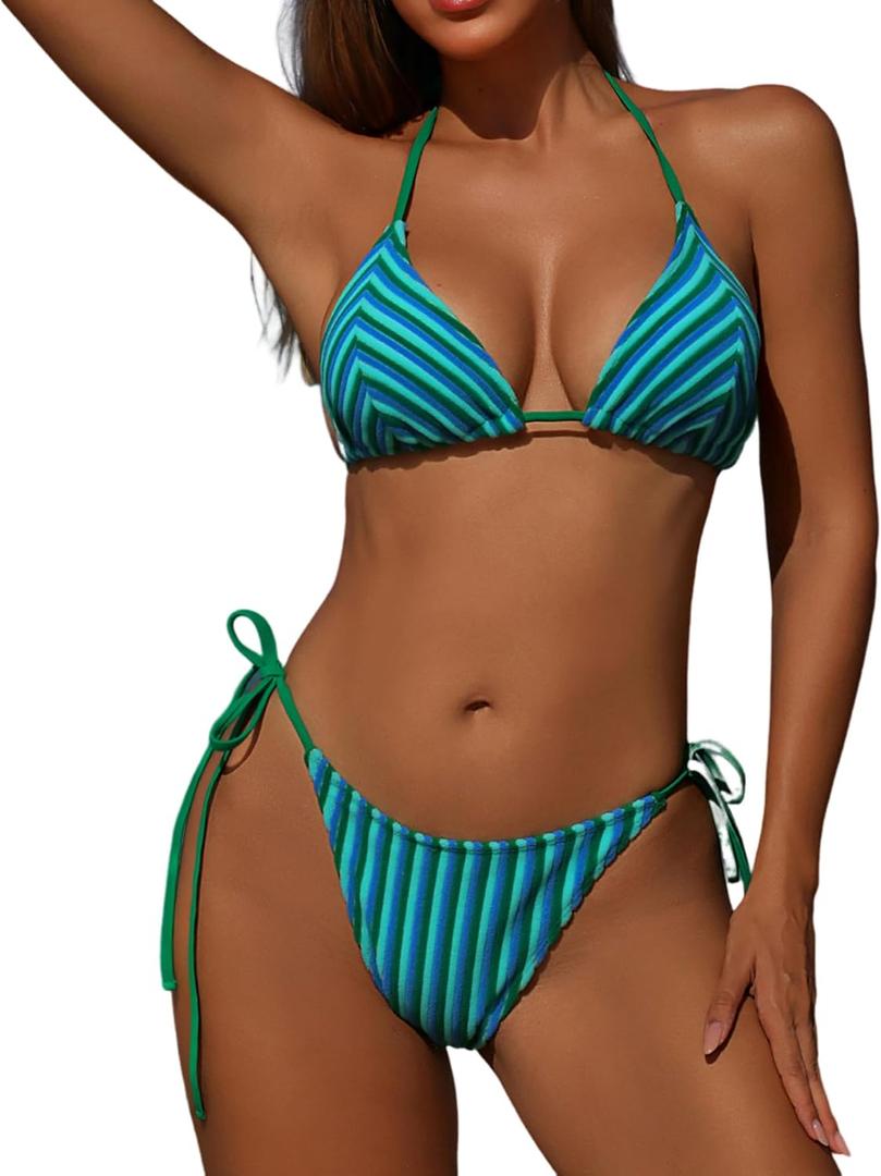 ZAFUL Women's Colorful Stripes Halter Flocking Textured Triangle Tie Side String Bikini Set High Cut Two Piece Bathing Suit (Large, A01 Green)