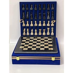 15-Inch Marble Chess Set with 32 Pieces, Packed in Blue Velvet Gift Box (Black Coral)