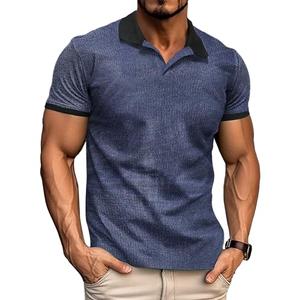 HBZDQB Mens V Neck Polo Shirts Contrast Collar Short Sleeve T-Shirt Ribbed Knit Vintage Muscle Golf Shirts Blue XXL