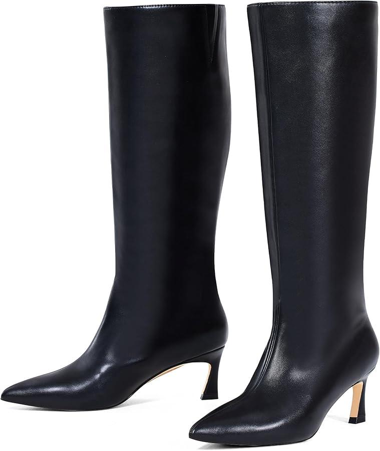 GENSHUO Knee High Boots Women Pointed Toe 2.3 Inches Kitten Heel Tall Boots Classic Fashionable Long Boots with Side Zipper (Black)