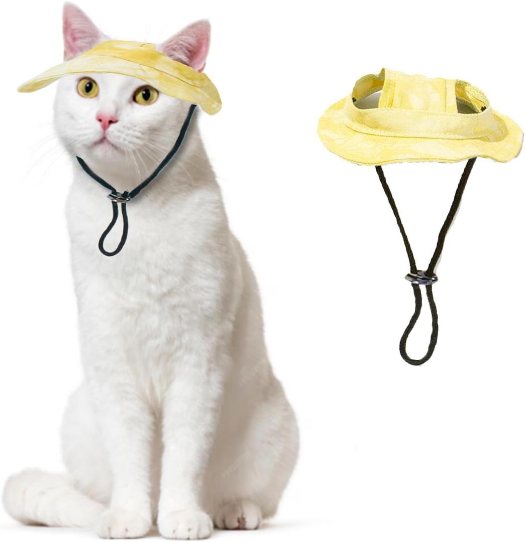 Pet Hat with Ear Holes Sunscreen Cap, Adjustable String Dog Cat Summer Sun Hat,Cat Dog Bucket Hat for Birthday Party Costume Decoration Outdoor Hiking (Yellow, Large)